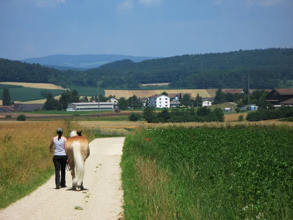 Menina andando com um cavalo — Fotografia de Stock