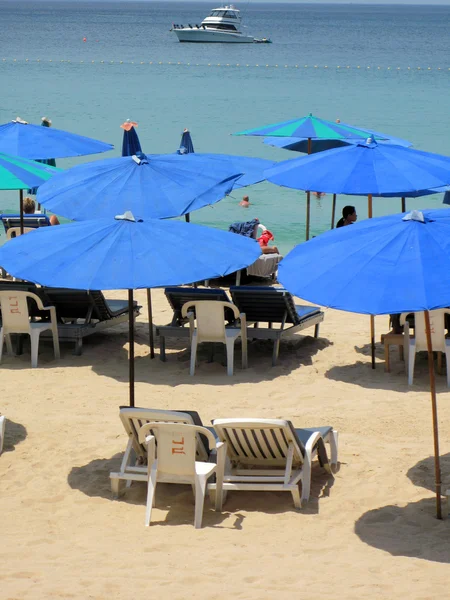 Parapluies sur une plage de sable fin contre l'océan — Photo