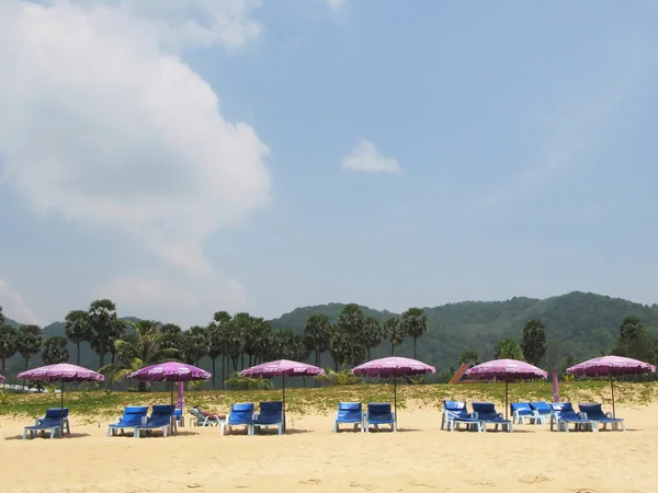 Row of umbrellas and sunbeds at a tropical beach — Stock Photo, Image