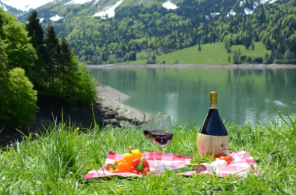 Vin och grönsaker serveras på en picknick i alpina äng. Switzer — Stockfoto