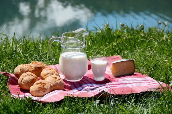 Süt, peynir ve ekmek pikniğe bir Alpin çayır içinde servis s — Stok fotoğraf