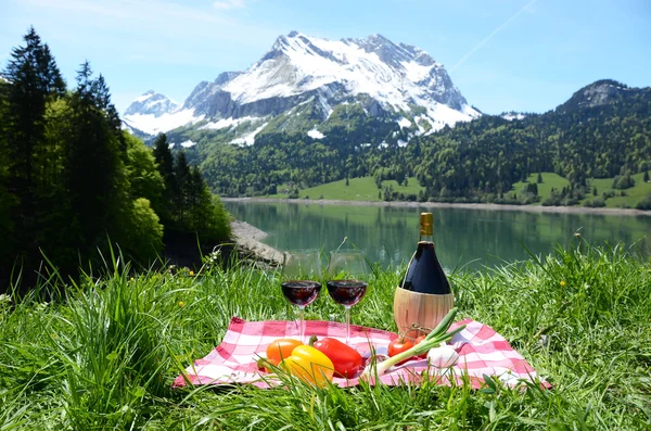 Wine and vegetables served at a picnic in Alpine meadow. Switzer — Stock Photo, Image
