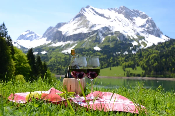 Vino y frutas servidos en un picnic en el prado alpino. Suiza — Foto de Stock