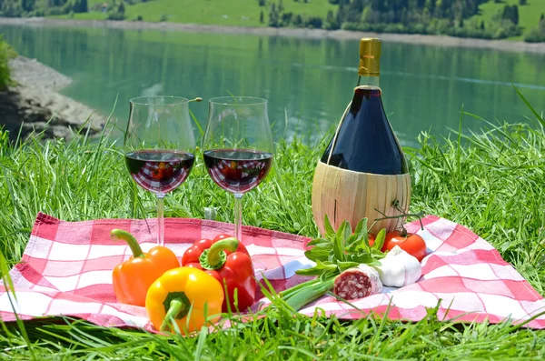 Vin och grönsaker serveras på en picknick i alpina äng. Switzer — Stockfoto