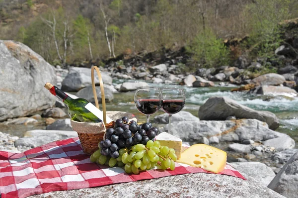 Kırmızı şarap, peynir ve üzüm bir piknikte görev yaptı. Verzasca Vadisi, — Stok fotoğraf