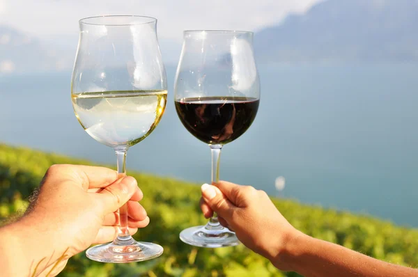 Två händer som håller wineglases mot vingårdarna i lavaux region, — Stockfoto