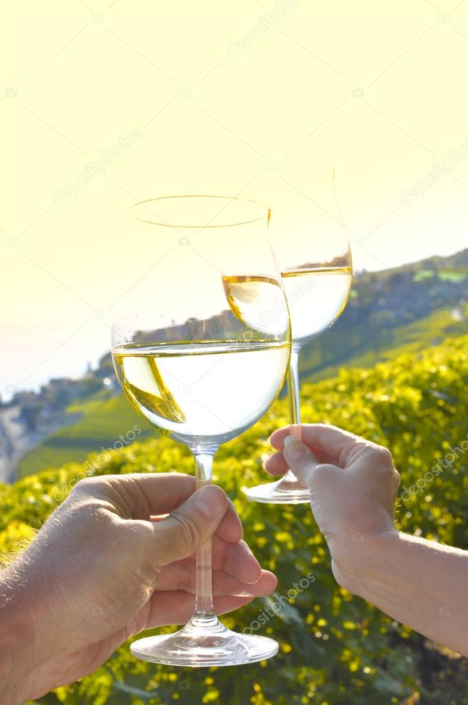 Two hands holding wineglases against vineyards in Lavaux region,