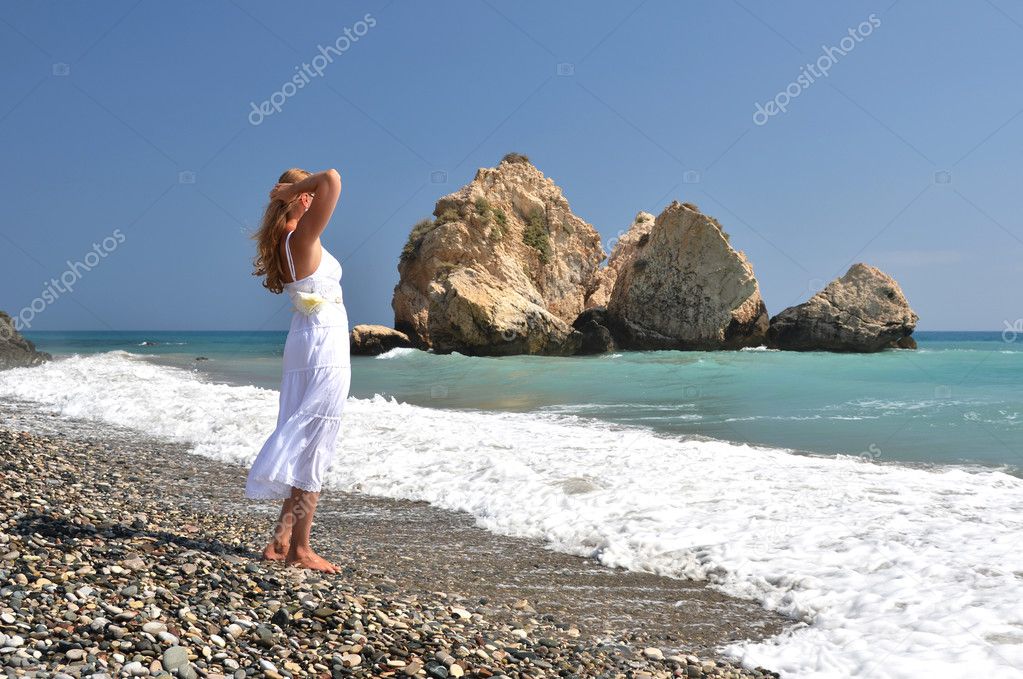 Girl looking to the sea near Aphrodite birthplace, Cyprus