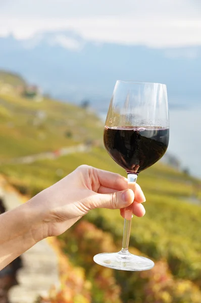 Glass of red wine in the hand against vineyards in Lavaux region — Stock Photo, Image