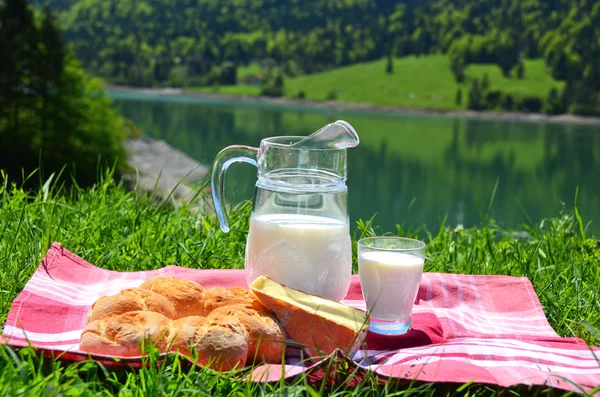 Süt, peynir ve ekmek pikniğe bir Alpin çayır içinde servis — Stok fotoğraf