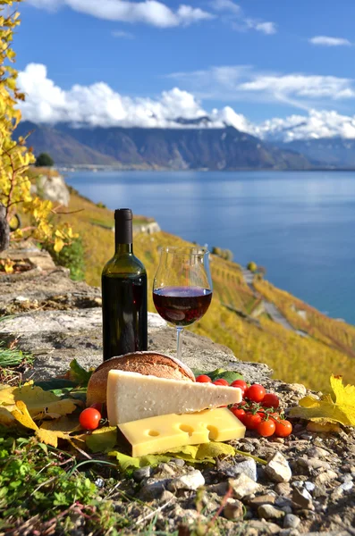 Kırmızı şarap, Nermin, ekmek ve kiraz domates — Stok fotoğraf