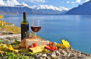 kırmızı şarap, Nermin, ekmek ve kiraz domates. Lavaux, İsviçre
