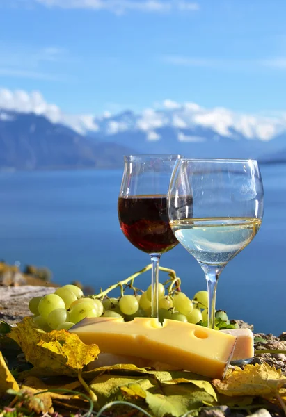 Deux verres à vin, fromage et raisin sur la terrasse du vignoble — Photo