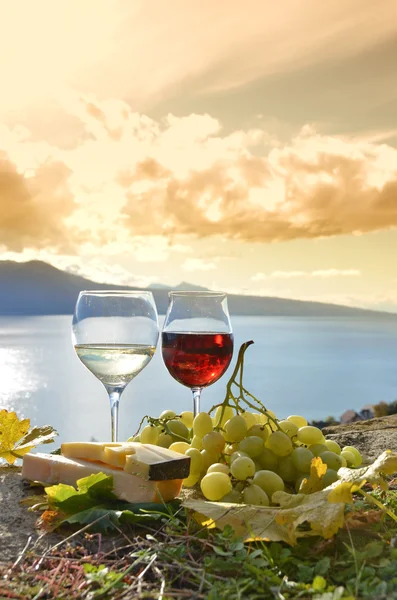 Deux verres à vin, fromage et raisin sur la terrasse du vignoble — Photo