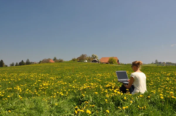 Girl with a laptop on the spring meadow — Stock Photo, Image