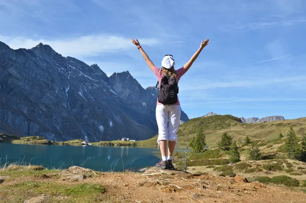 Voyageurs bénéficiant d'une vue alpine . — Photo