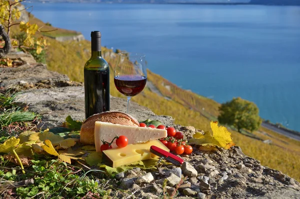 Vinho tinto, queijo com pão — Fotografia de Stock