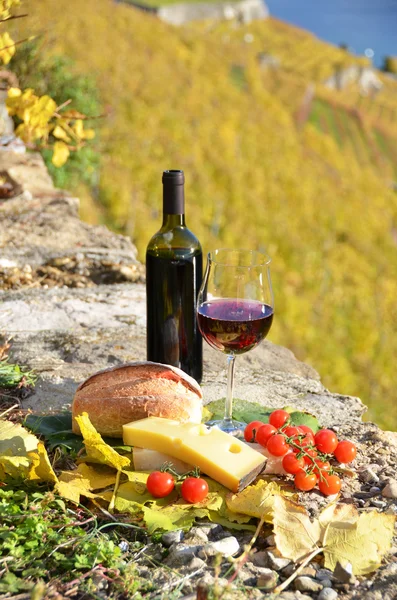 Red wine, cheese, bread and cherry tomatoes — Stock Photo, Image