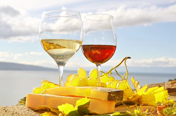 Deux verres à vin, fromage et raisin — Photo