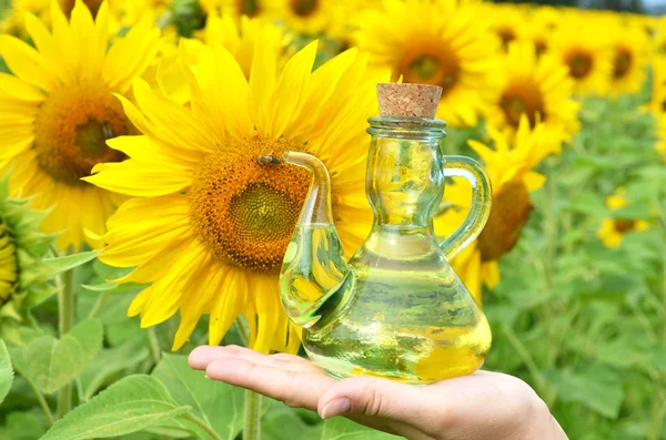 Bottiglia di olio e girasoli — Foto Stock