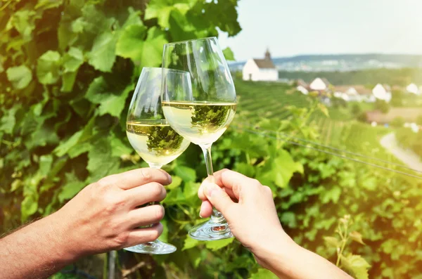 Two wineglasses in the hands against — Stock Photo, Image