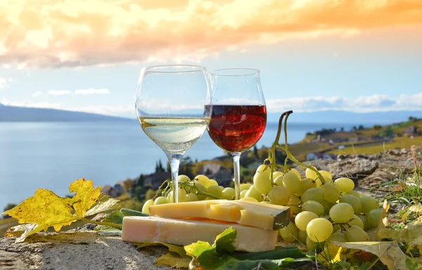 Vino, queso y uvas — Foto de Stock