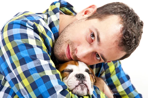 Man with his dog on white background — Stock Photo, Image