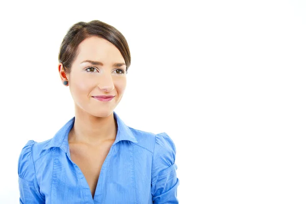 Zakenvrouw op witte achtergrond met blauw shirt — Stockfoto