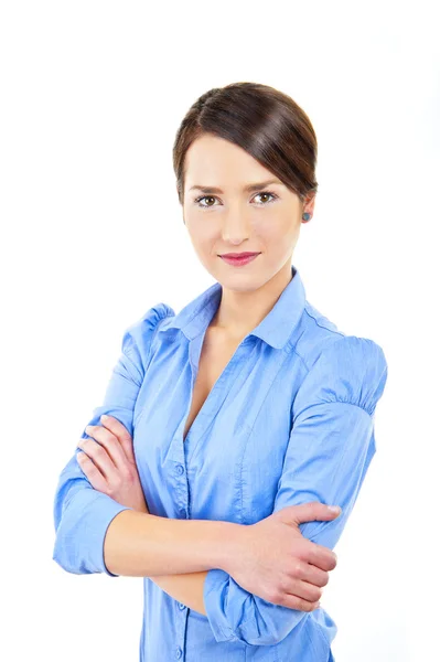 Zakenvrouw op witte achtergrond met blauw shirt — Stockfoto