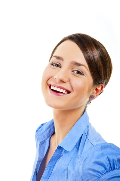 Geschäftsfrau auf weißem Hintergrund mit blauem Hemd — Stockfoto
