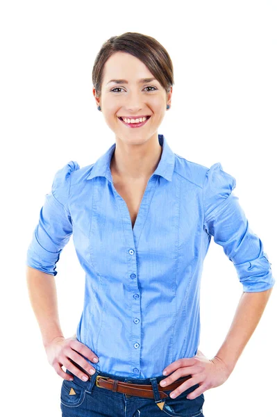 Mulher de negócios no fundo branco com camisa azul — Fotografia de Stock
