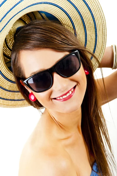 Beautiful woman on white background with long hair and hat — Stock Photo, Image