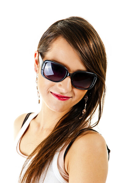 Woman on white background with sunglasses
