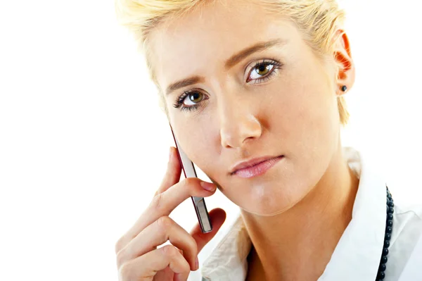 Kobieta z telefonem na białym tle — Zdjęcie stockowe