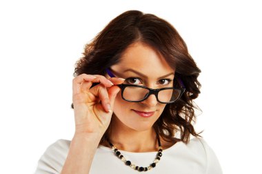 kadın iş gözlüklü beyaz arka plan üzerinde üniforma