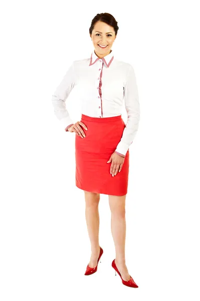 Woman in business uniform on white background with big smile — Stock Photo, Image