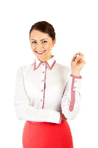 Mujer en uniforme de negocios sobre fondo blanco con gran sonrisa —  Fotos de Stock