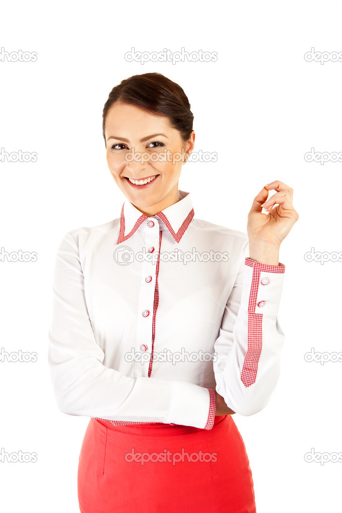 Woman in business uniform on white background with big smile