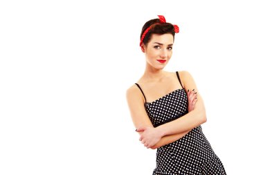 kadın gülümsüyor beyaz arka plan üzerinde pin-up tarzı