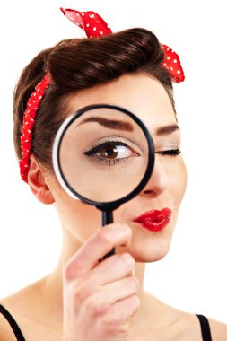 Woman with magnifier on white background clipart