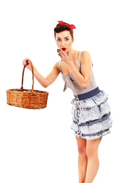 Woman in Pin-up style on white background with basket — Stock Photo, Image