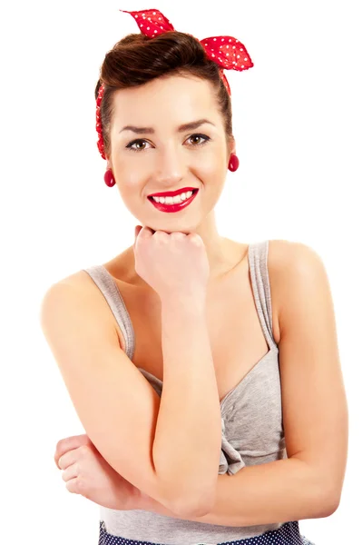 Žena v pin-up styl na bílém pozadí s úsměvem — Stock fotografie