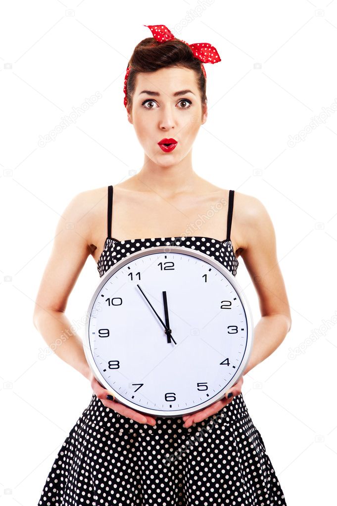 Pin-up girl on white background holding clock