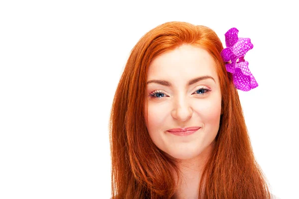 Woman face over white background red hair with flower — Stock Photo, Image