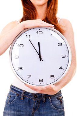 -beyaz izole saati ile genç güzel kadın