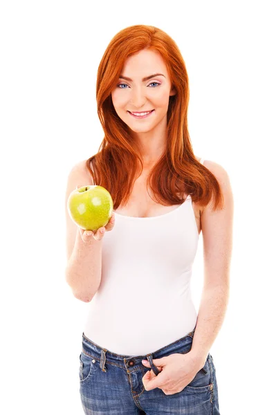 Rote Haare Frau mit grünem Apfel auf weißem — Stockfoto