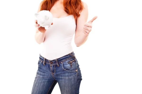 Woman with her pigibank over white background — Stock Photo, Image