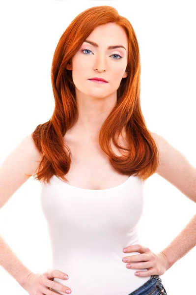 Attractive woman in red hair over white background — Stock Photo, Image