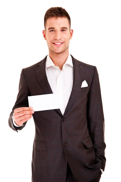 Feliz hombre de negocios sonriente mostrando letrero en blanco, aislado — Foto de Stock