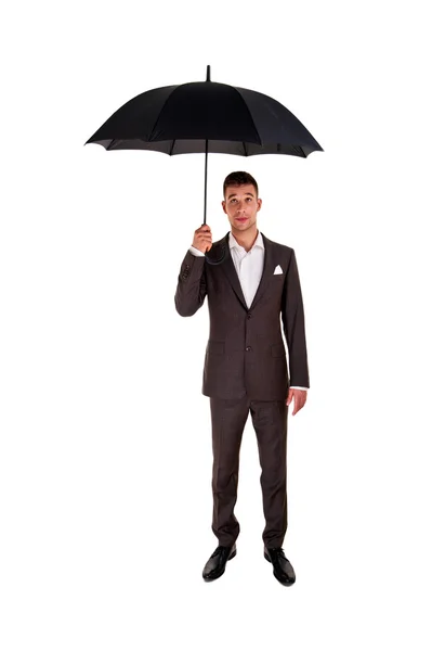 Full length portrait of businessman with opened umbrella — Stock Photo, Image